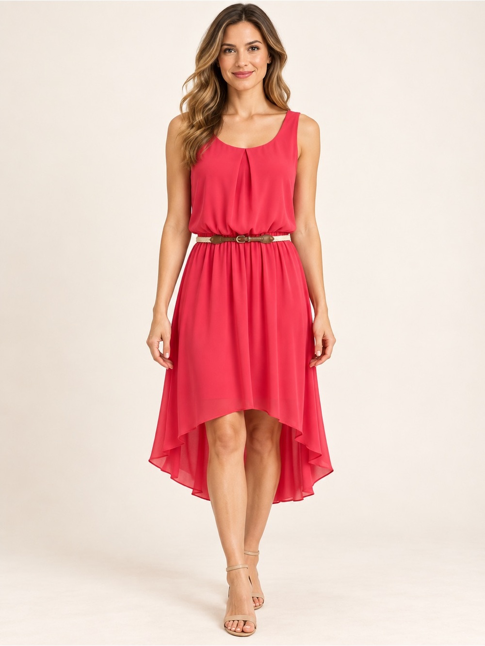 Sleeveless Hi-Low Chiffon Dress in Coral Pink